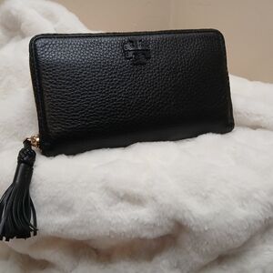 TORY BURCH Black Pebbled Leather Wallet with Tassel